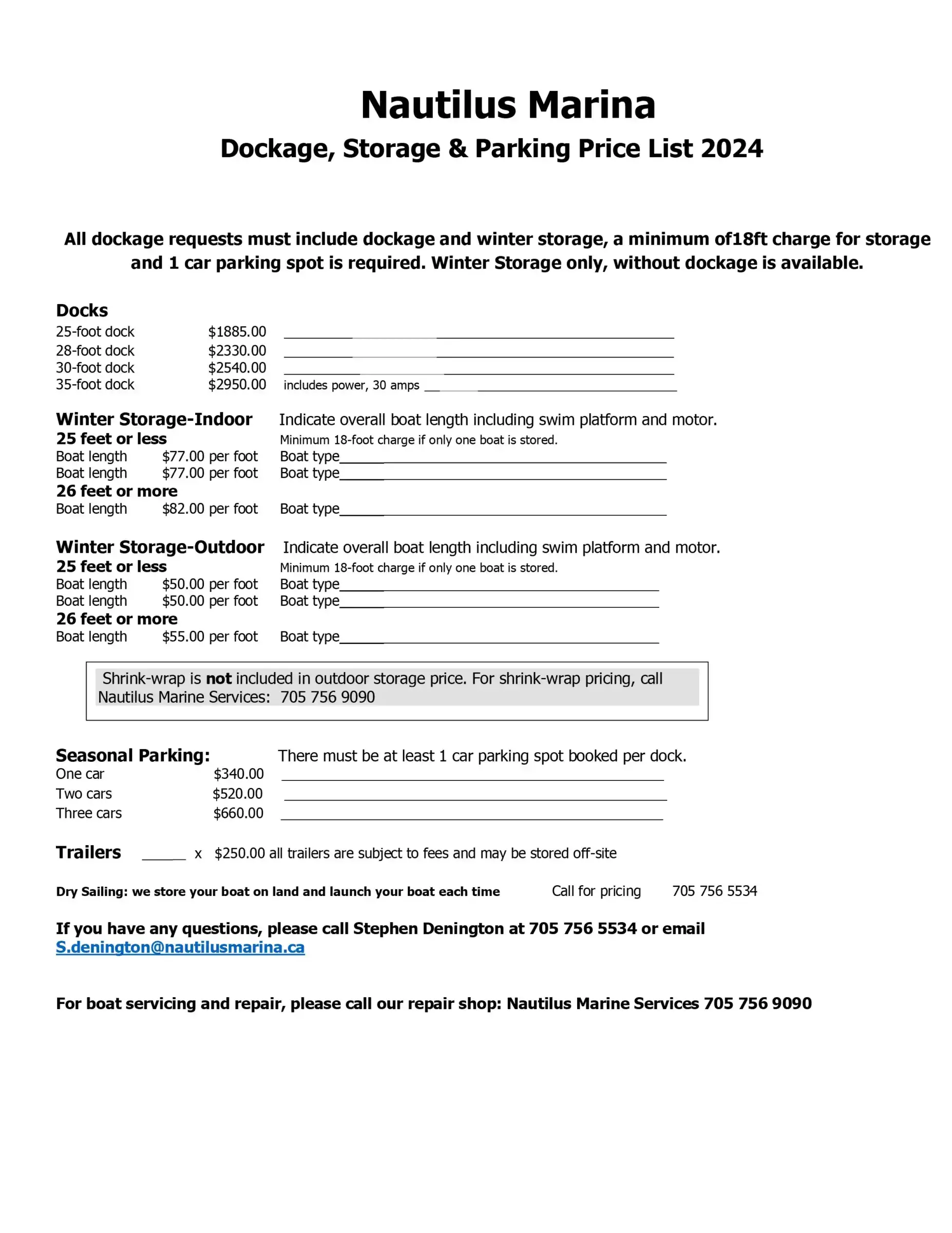 2024 Dockage and Storage Price List - Document - Nautilus Marina